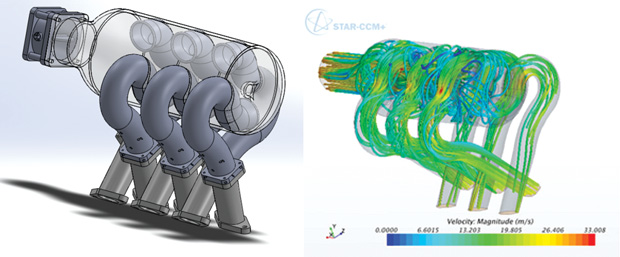 UberCloud Experiment 187: CFD analysis of automotive V6 intake manifold using an UberCloud software container with STAR-CCM+ in the Azure Cloud. Left: manifold geometry. Right: velocity streamlines from CFD simulation. Image courtesy of CAE Technology Inc. and UberCloud.
