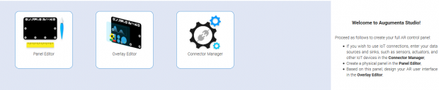 Augumenta Studio is a cloud-based tool for building device-agnostic augmented reality applications using the company's SmartPanel or SmartAlert templates, libraries and control elements. Shown here is the opening workspace for developing an application. Image courtesy of Augumenta Ltd.