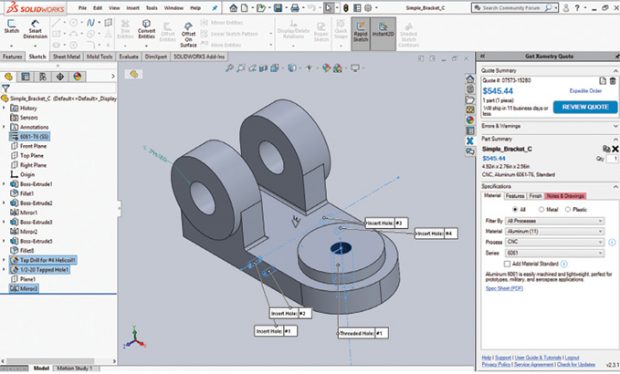 In addition to an online portal, Xometry offers a plug-in for SOLIDWORKS, letting users get a price while they design. Image courtesy of Xometry. 